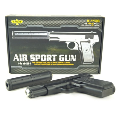 Игрушечный пистолет пневматический с глушителем AirSoft Gun K113S металлический ( арт 9-7258 )
